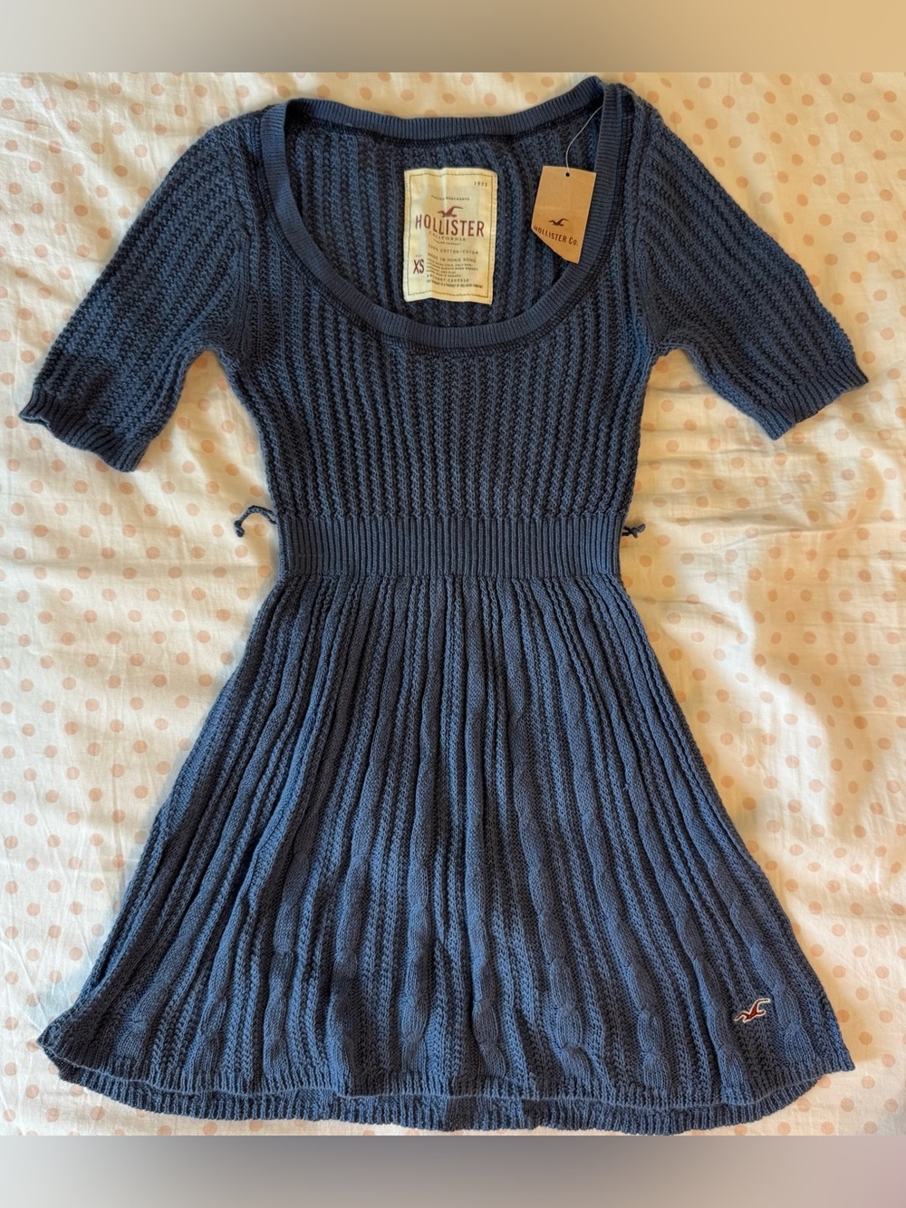 Vintage Hollister navy blue cable knit babydoll top with tie waist